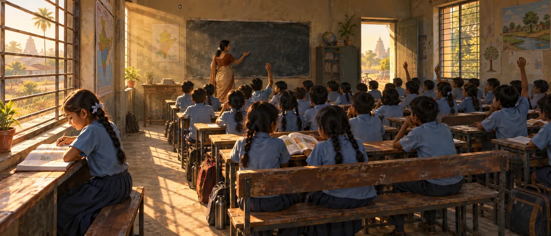 A teacher writes on the blackboard of a crowded government school classroom in late-afternoon light while a girl at the window bench reads her textbook.
