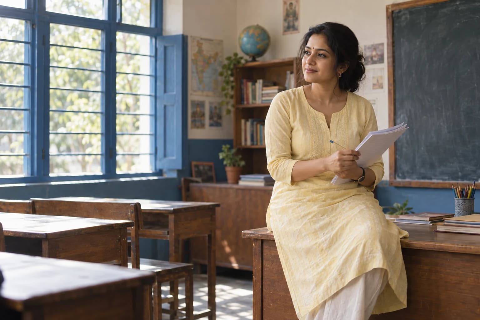 A teacher preparing learning materials in her classroom