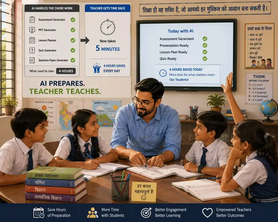 A teacher and students in a classroom alongside an infographic showing Classly preparing assessments, presentations, and lesson plans